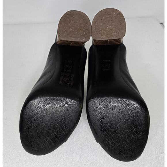 TORY BURCH Black Leather Raya Heels Mules Wooden Heel Peep Toe sz 8.5 - Picture 8 of 10
